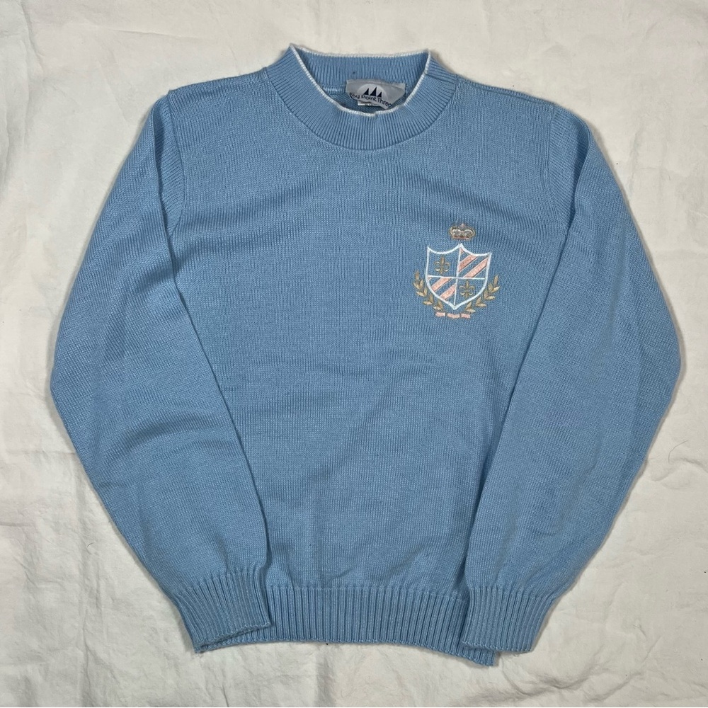 Vintage Bay Point Threads Crest Sweater Small Baby Blue Preppy Made in USA